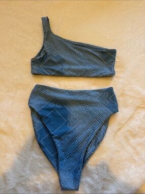 Skatie One-Shoulder Bikini Set - Teal Blue Paisley